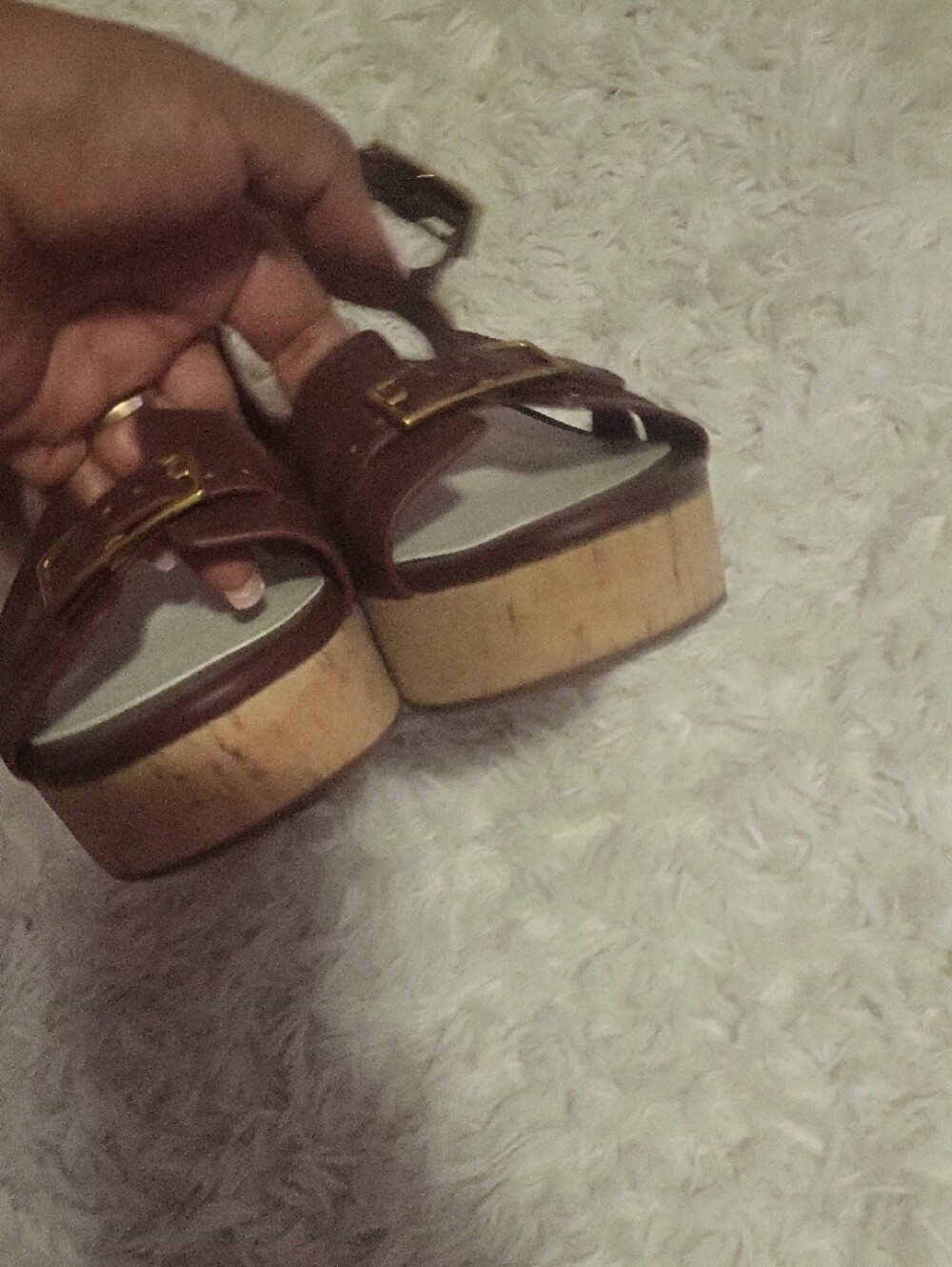 Franco Sarto Brown Leather Wedge Sandals with Gold Buckle Accents - Picture 6 of 8